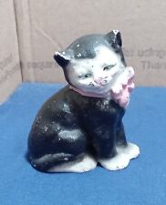 Vintage Cast Iron Sitting Cat Kitten Figurine Black White Pink Bow  picture