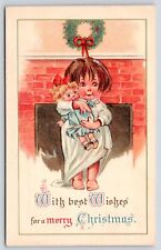 Christmas~Cute Bright Eyed Barefoot Lil Girl w/ Doll @ Fireplace~Wreath~Embossed picture