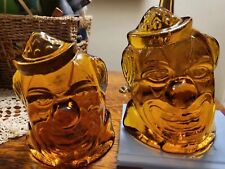 Vtg Wheaton Pair of Amber Glass Clown Head Bookends Heavy As Found picture