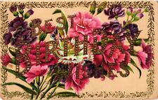 1921 Best Birthday Wishes Vintage Postcard Bright Floral Design Embossed Divided picture