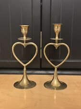 Set of TWO Antique Vintage Solid Brass Heart Shape Candlestick Holders 8.5
