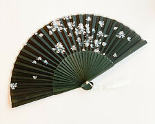 Chinese Japanese Black Bamboo Handfan Folding Fan with White Lotus Flower Print picture