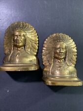 Antique HEAVY Original Brass Bronze Indian Chief Door Stop Book Ends picture