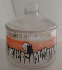 VTG Indiana Glass Halloween Candy Jar Lid Dish Black Cat Picket Fence Full Moon  picture