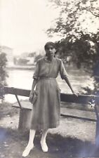 Vintage 1919 PHOTO RPPC YOUNG LADY SCHOOL GIRL HOLDS BOOK PARK BENCH picture