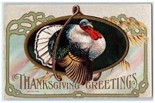 c1910's Thanksgiving Greetings Turkey Wishbone Embossed Posted Antique Postcard picture