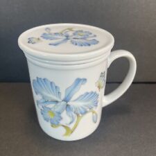 Vtg 3 Piece Set Blue Iris Flower Ceramic Mug Lid Japan Tea Cup With Strainer picture