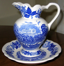 Vtg Porcelain Norleans Blue Mini Pitcher & Bowl Scene Floral Castle Boat Japan picture