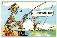 c1930's Skeleton Fishing Pipe Stubborn Cuss Duck Unposted Vintage Postcard picture