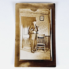 ANTIQUE PRE-WW1 REAL PHOTO POST CARD UNIFORMED MAN WITH VIOLIN RPPC POSTCARD picture