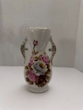VTG. Vcagco Porcelain Double Handled Vase Pink/Blue Roses. Scalloped Gold Rim. 8 picture