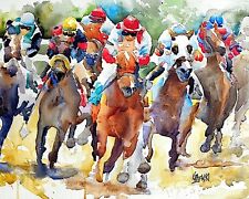Horse Racing Art Print Signed by Artist Ron Krajewski Painting 8x10  picture