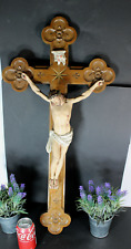 Antique XL  1927 signed Crucifix Wood carved chalk corpus christ rare picture