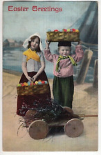ANTIQUE EASTER Postcard       CHILDREN IN COSTUME, COLORED EGGS IN BASKET picture