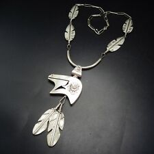 Signed Vintage NAVAJO Sterling Silver BEAR FETISH NECKLACE Dangling Feather picture