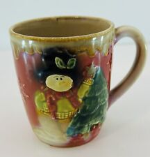 Primitive Snowman & Christmas Tree Pottery  Mug Coffee Cup Brown Raised Details picture