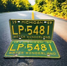 1959 Michigan License Plates Matching Pair LP-5481 Vintage Original Green Yellow picture
