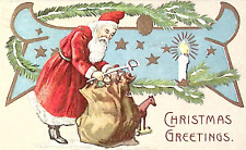 1911 GERMANY Christmas Postcard Santa Holds Sword Near Toy Sack Silver Stars picture