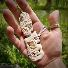 Maori Pendant Tiki Large Royal Hand Carved Bone Abalone Eyes New Zealand picture