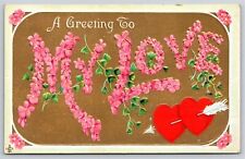 Large Letter Pink Forget-Me-Nots My Love~Dbl Hearts~Gold~Emb~Stecher 220D~Vtg PC picture