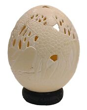 Hand-Carved Signed Ostrich Egg Safari Giraffes African & Wooden Stand picture