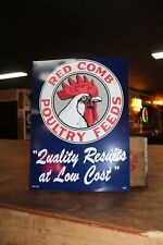 RARE LARGE RED COMB POULTRY FEEDS DEALER EMBOSSED METAL SIGN GAS  FARM ROOSTER   picture
