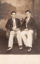 Vtg. c1930's RPPC 2 Young Men Sitting For Portrait in Studio Postcard p933 picture