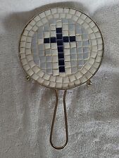 Vintage Mid Century Cross/Religious Mosiac Tile Trivet  Metal Footed Base picture