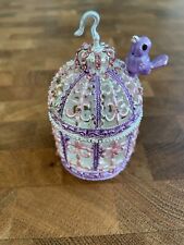 Pink, Purple Bird Cage Hand Painted Bejeweled Round Hinged Trinket Jewelry Box picture