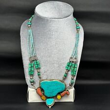 Stunning Nepal Jewelry Silver Plated Unique Necklace Huge Turquoise Coral Stones picture