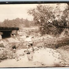 c1910s Comic Man Playing Outdoors RPPC Creek Railway Bridge Tree Real Photo A214 picture