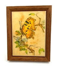 Vtg Ceramic Tile Butterfly Art Trivet Wood Frame & Removable Stand picture