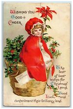 Christmas Little Girl Holly Berries In Basket Poinsettia Clapsaddle Postcard picture