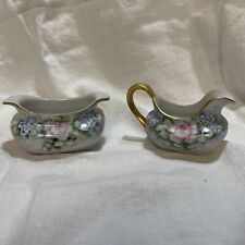Antique Hand Painted Floral Creamer & Sugar Set With Gold Trim picture