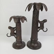 Vtg Set 2 Bombay Monkey Palm Tree Candle Holders Dark Cast Bronze Brass India picture