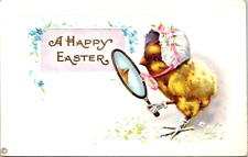 A Happy Easter Embossed Postcard. Chick Admires Self in a Mirror. Bonnet. AE. picture