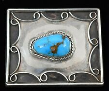 Large Sterling Silver Turquoise Stone Scroll Vintage Belt Buckle picture