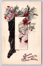 1912 GIBSON ART CO CHRISTMAS STOCKING GIRL HANDCOLORED SIGNED A.M. POSTCARD picture