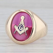 Lab Created Ruby Masonic Signet Ring 10k Yellow Gold Size 10.25 Blue Lodge picture