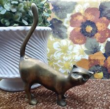VINTAGE MCM SOLID Brass Cat Figurine Long Tail Pretty Natural Patina  picture
