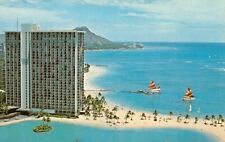 Postcard unposted Hilton Hawaiian Village Board Walks Sail Boats Honolulu Hawaii picture