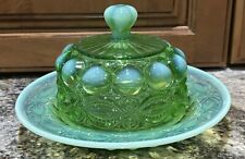 Mosser Eye Winker Green Opal Opalescent Glass Covered Round Butter Dish picture