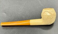 Carved Meerschaum LARGE Straight Billiard Leaves Grapes Tobacco Pipe UNUSED picture