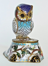 Vintage Cloisonné Enamel on Brass Multi-colored Owl Trinket Box Figurine 2.75
