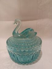Vintage Jeanette Glass Aqua Turquoise Covered Dish Swan Candy Powder Lipstick C9 picture