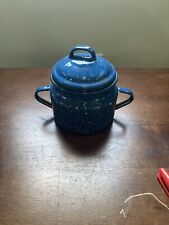 Vintage Blue Speckled Enamelware Sugar Bowl With Lid Camping Farmhouse 4.25” picture