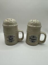 vintage ceramic salt and pepper shakers Light Tan With Blue Writing  (#228) picture