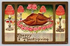 1909 Embossed PC Thanksgiving Dinner Turkey on Silver Rose Platter Lovely Lamps picture