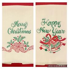2 Vintage Embroidered Tea Towels Merry Christmas & Happy New Year picture