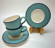 Vtg 2 Retro Pagnossin SPA AQUA GREEN Coffee Tea Cups & Saucers Italy Blue Trim picture